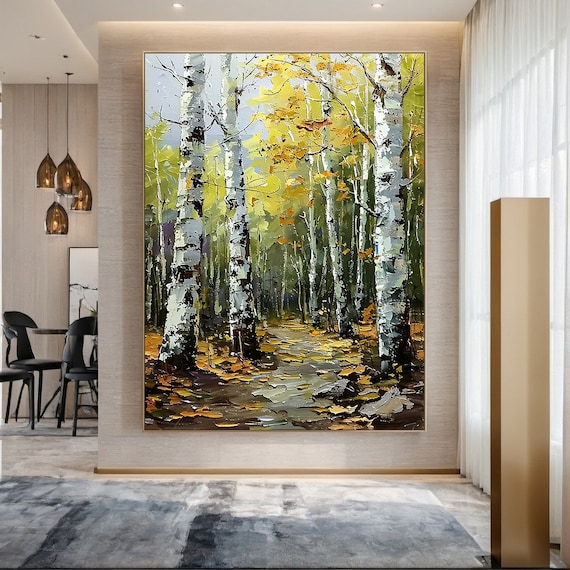 Yellow Green Birch Tree Abstract Painting On Modern Natural Living Room Decoration Woods Deciduous Landscape Handmade Painting