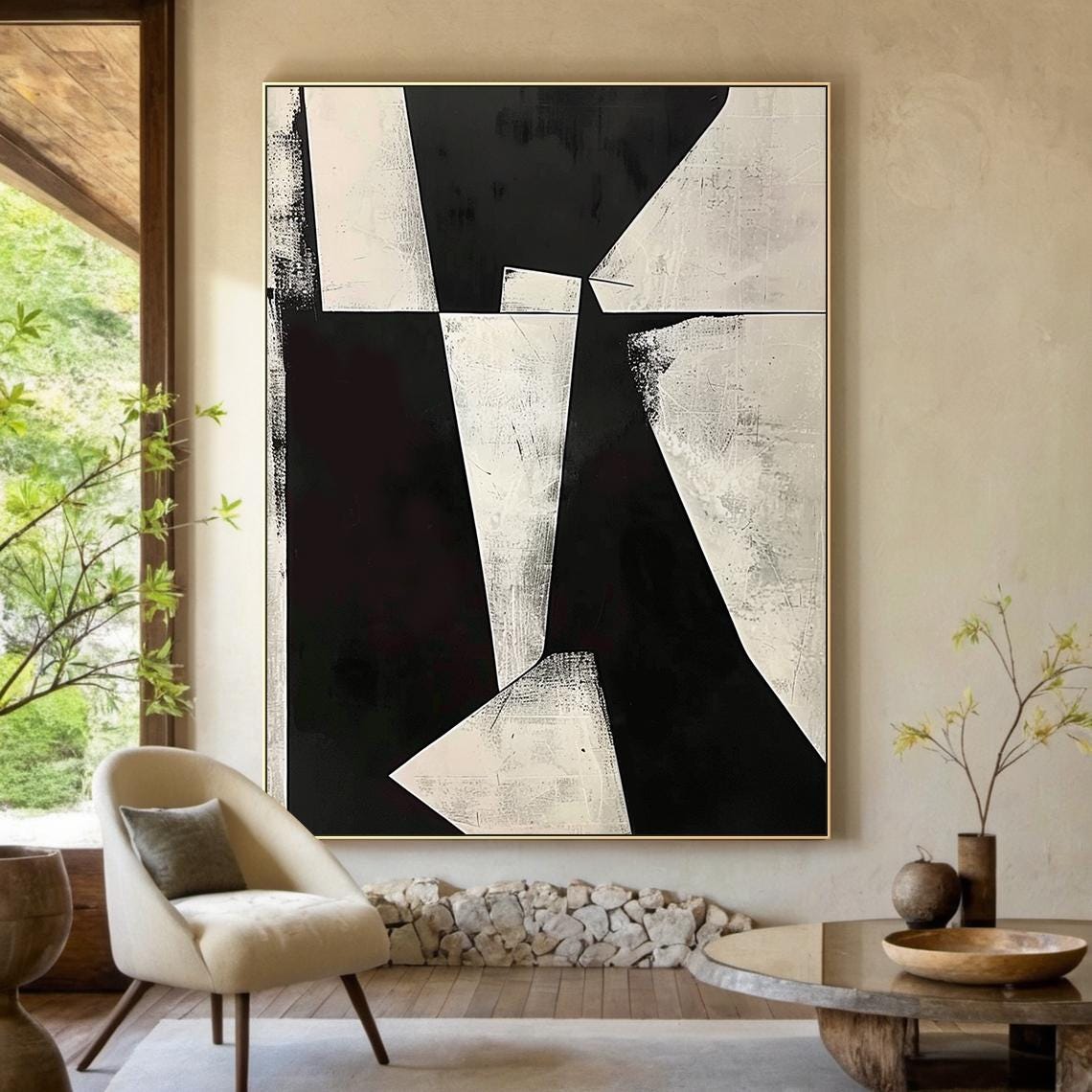 Black White Geometric Abstract Painting Bold Angular Modern Wall Art
