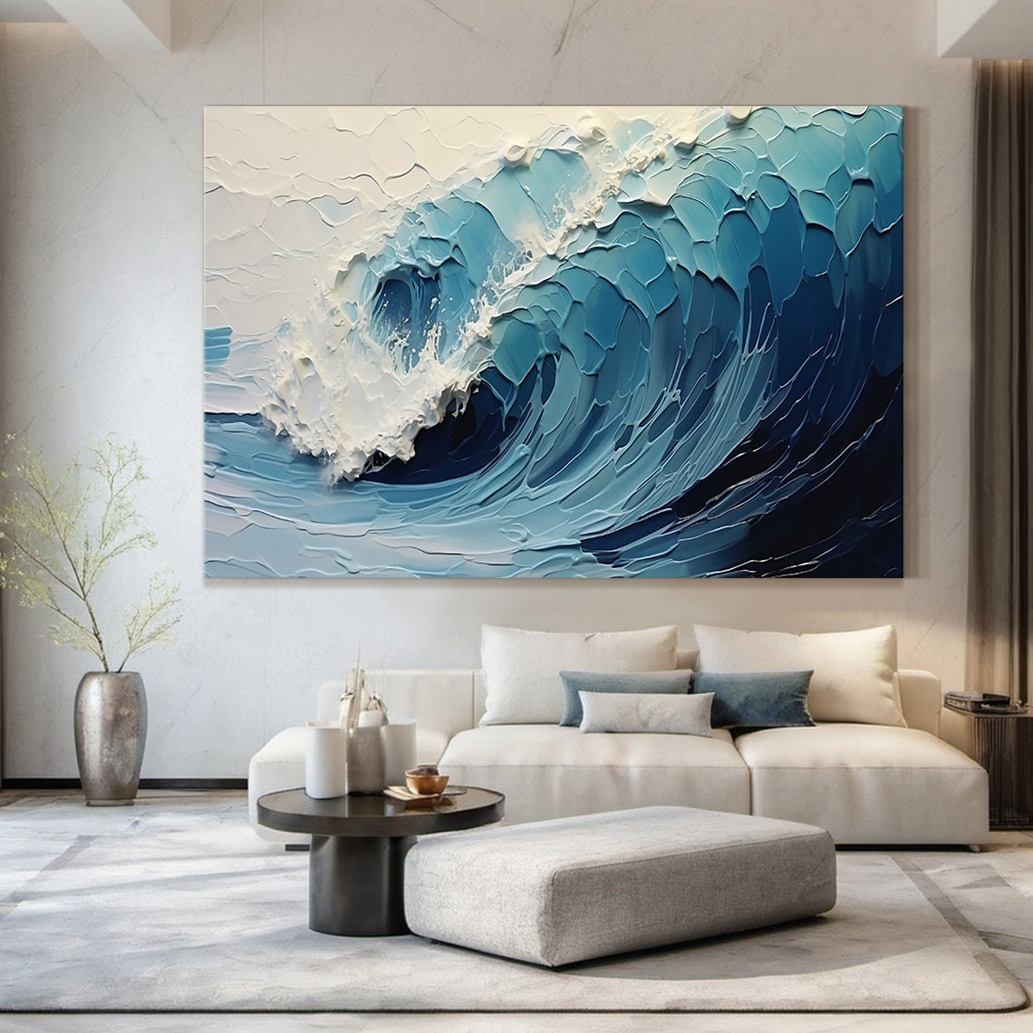 Deep Navy Blue Curling Wave White Foam Dramatic Ocean Painting Poster - Image 4