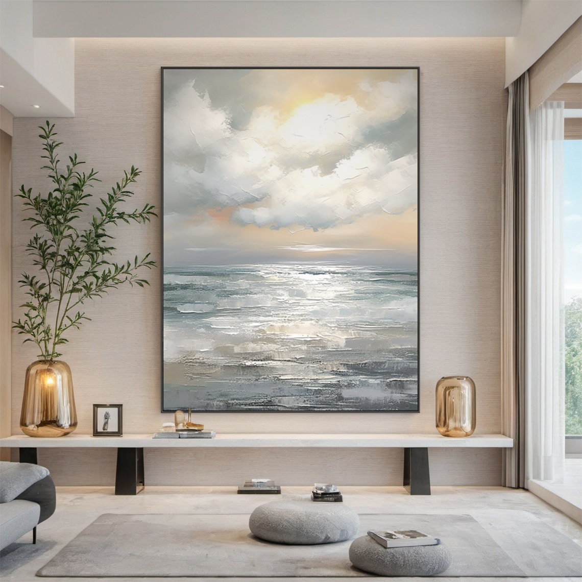 Golden Clouds Grey Teal Ocean Sunset Seascape Abstract Painting Poster - Image 4