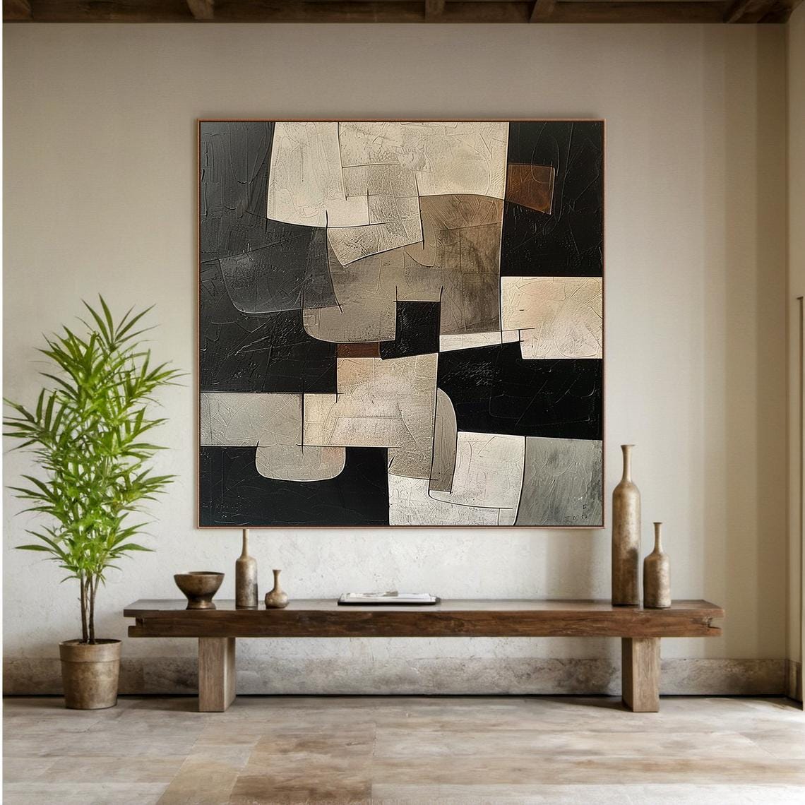 Black Beige Abstract Block Composition Japandi Modern Minimal Wall Art - Image 2