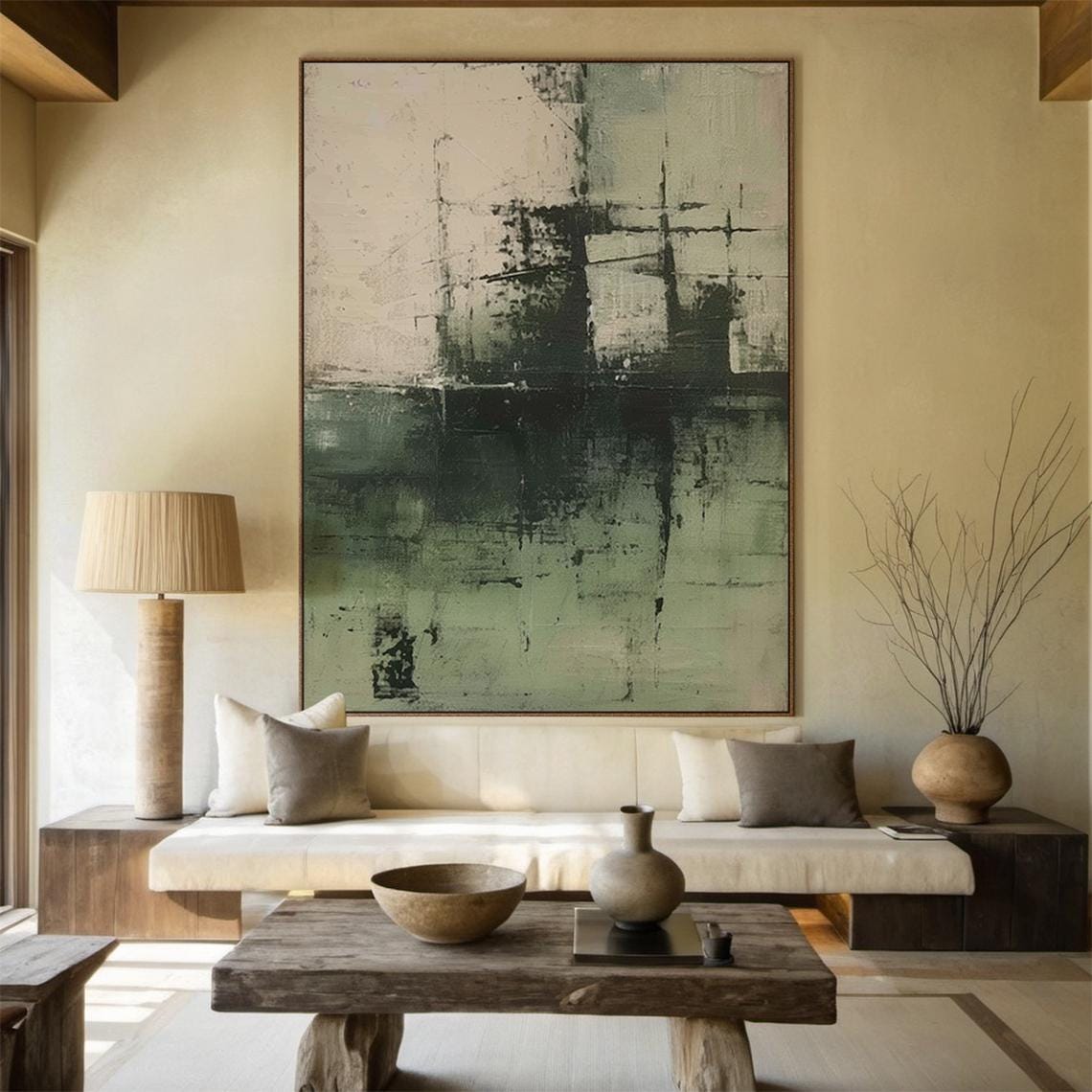 Dark Green Beige Abstract Painting Textured Blocks Modern Wall Art - Image 4