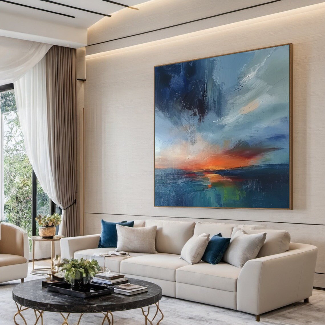 Blue Sea Sunrise Abstract Oil Painting, Ocean Art Print - Image 3
