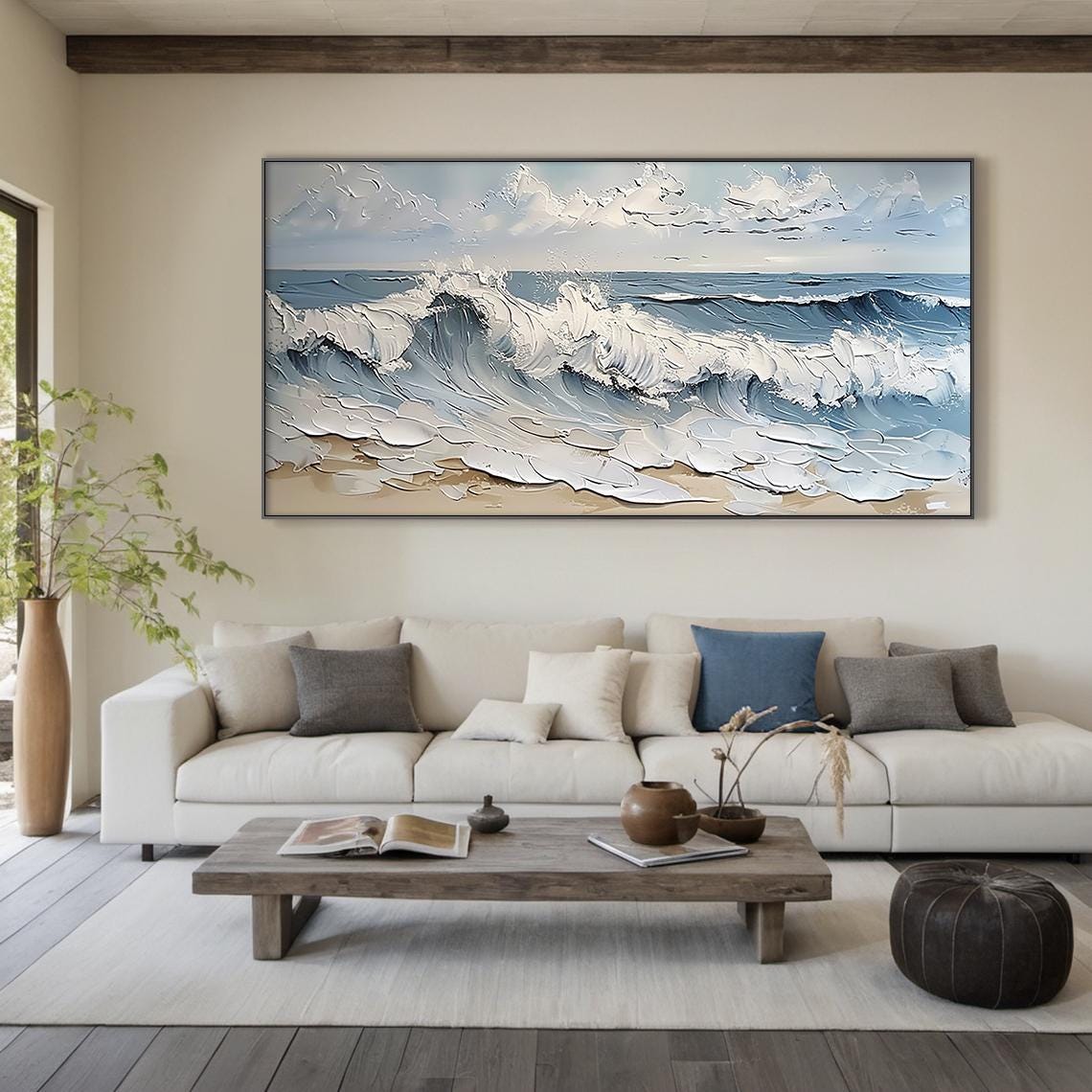 White Foam Ocean Wave Crashing Sandy Beach Textured Seascape Wall Art - Image 6