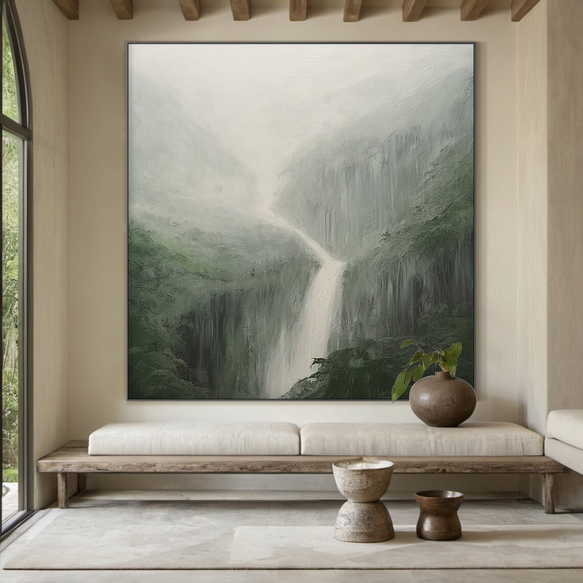 Green Abstract Mountains Waterfall Art Print - Image 4