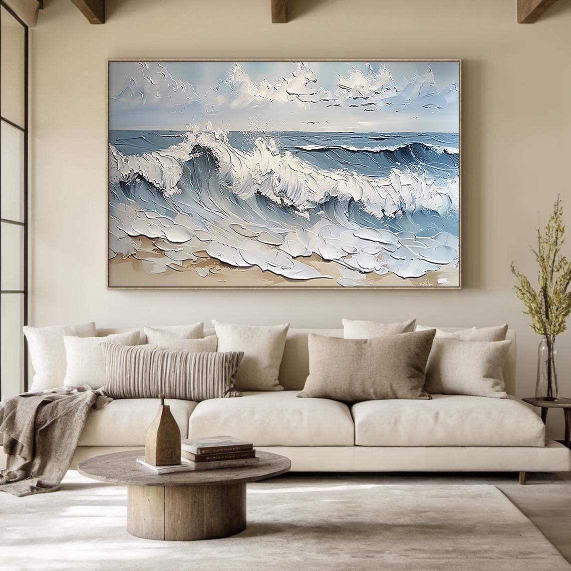 White Foam Ocean Wave Crashing Sandy Beach Textured Seascape Wall Art - Image 2