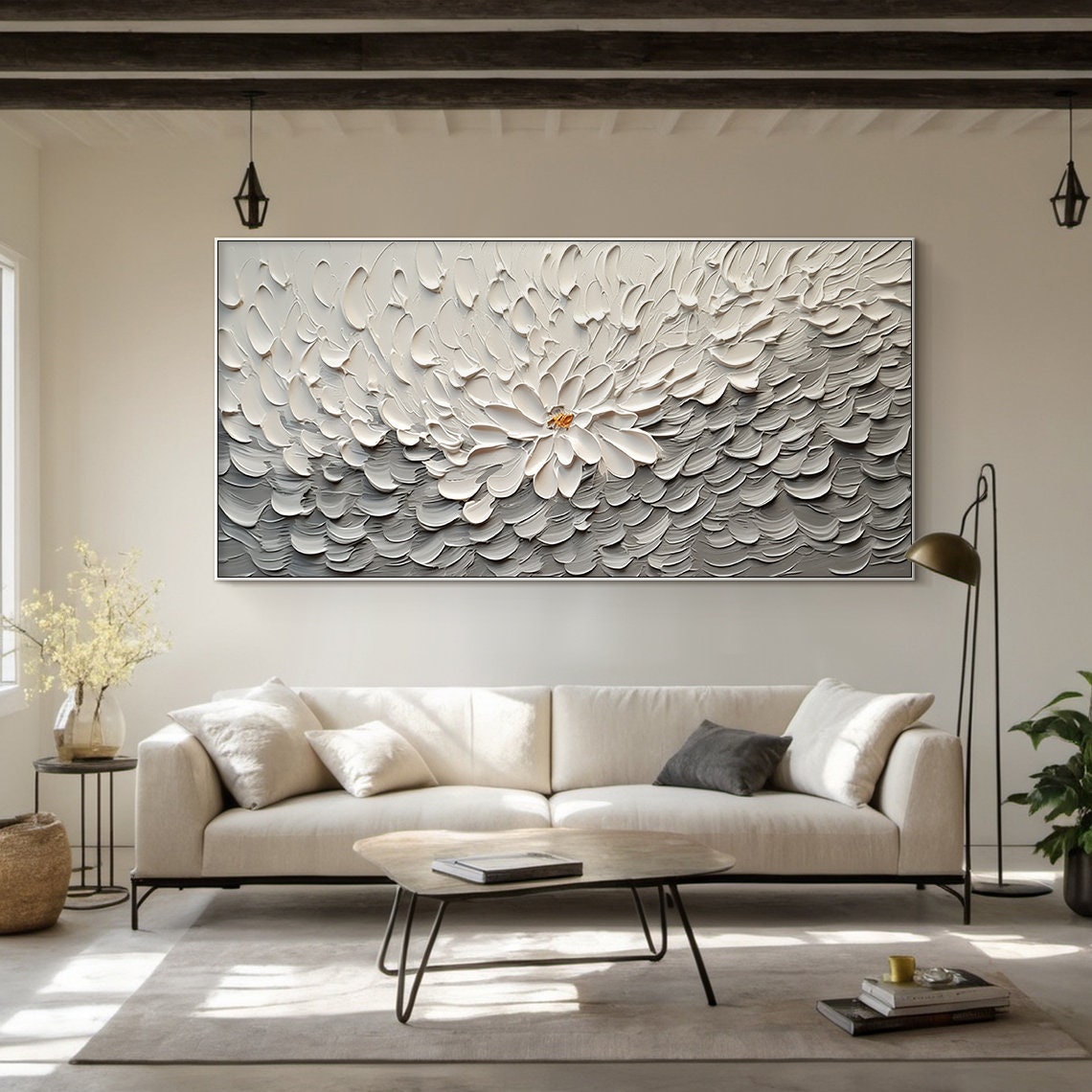 White Flower Gold Center Panoramic Floral Texture Oil Painting Poster - Image 4
