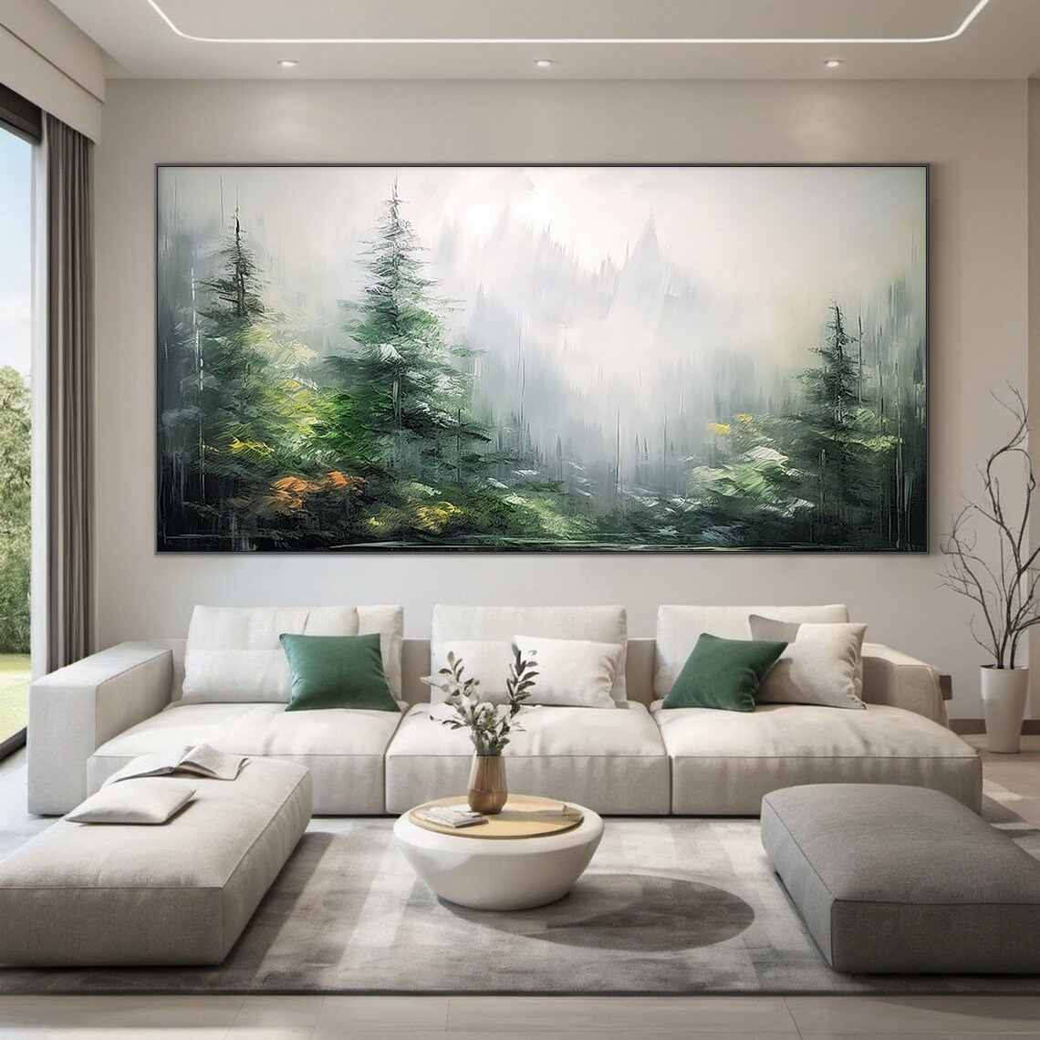 Misty Green Pine Forest Oil Painting Foggy Woodland Panoramic Poster - Image 3