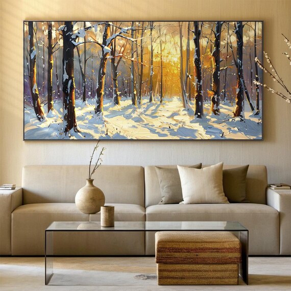 Winter Sunshine Forest Landscape Oil Painting Warm Yellow And Cool Tones Blend Nature Scene Wall Art For Living Room Decor