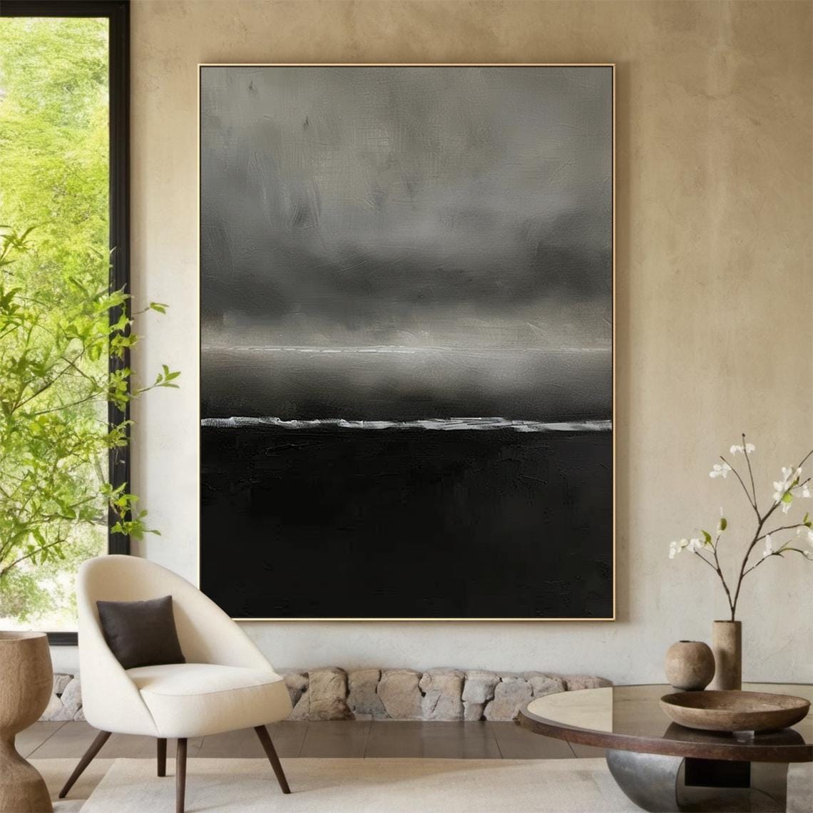 Grey Black Gradient Abstract Painting Moody Horizon Modern Wall Art