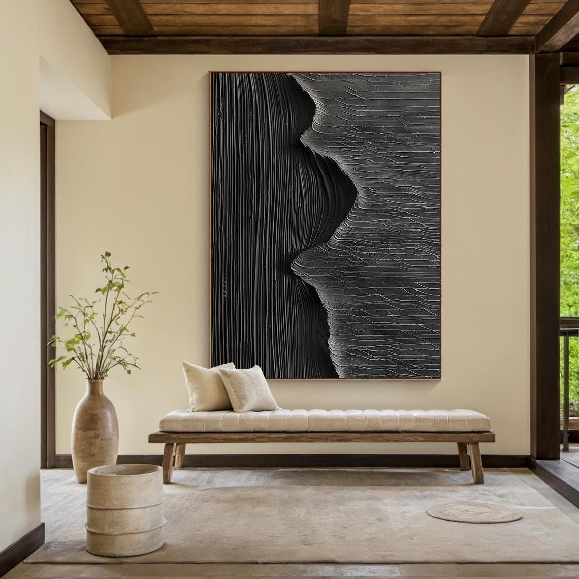 Black Carved Canyon Sculpture Abstract Dramatic Vertical Wall Art - Image 4