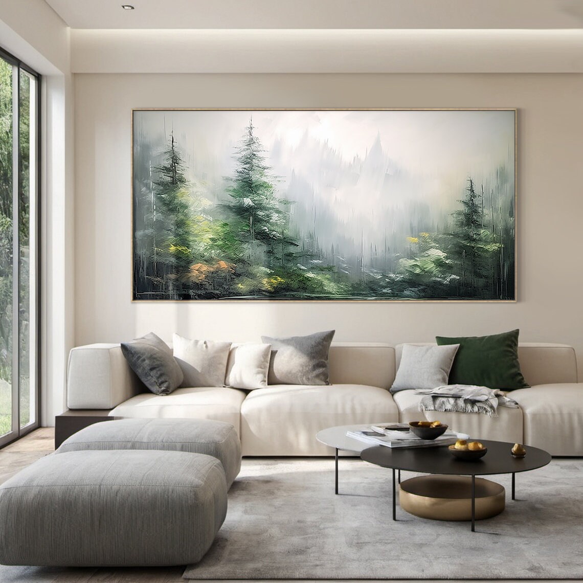 Misty Green Pine Forest Oil Painting Foggy Woodland Panoramic Poster - Image 2