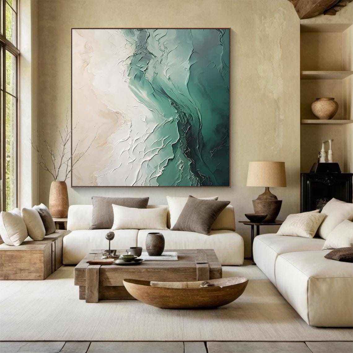 Minimalist 3d Wall Art Green And Beige Abstract Painting Nature Inspired Modern Design Sophisticated Home Interior Decoration - Image 3