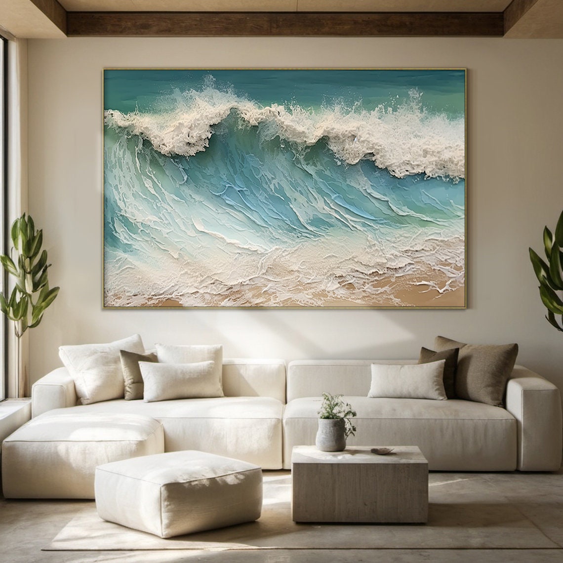 Turquoise Ocean Wave Textured Painting White Foam Sea Art Print Poster