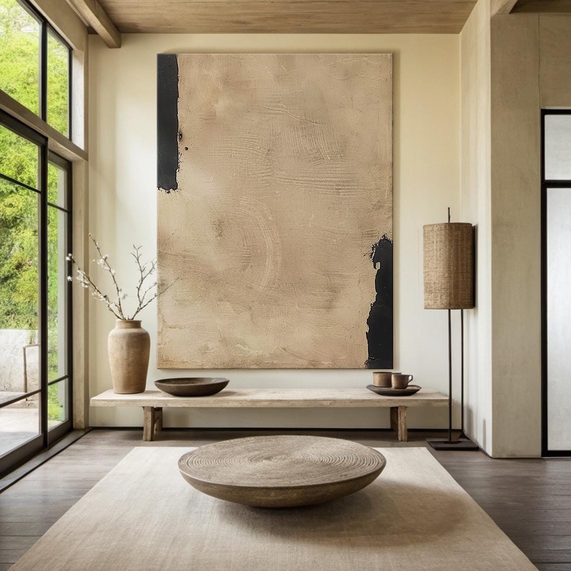 Sandy Beige Minimalist Abstract Painting Black Accent Modern Wall Art - Image 5