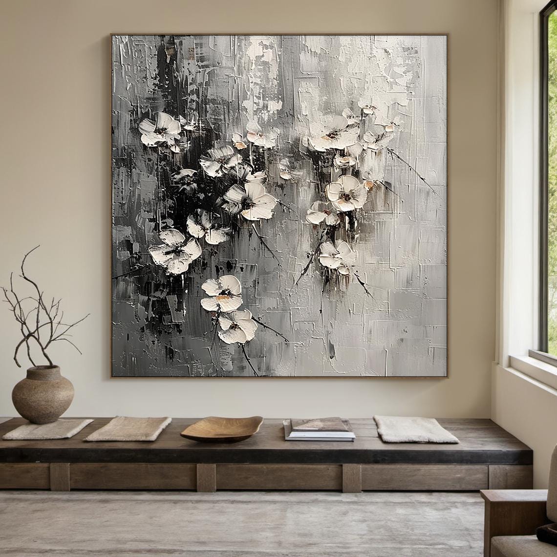 White Blossom Floral Abstract Painting Black Textured Wall Art Poster - Image 4