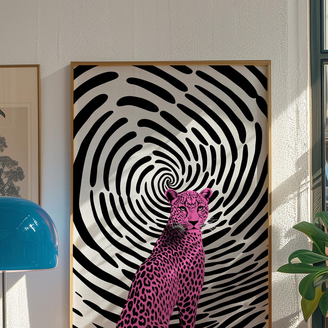 Pink Leopard Against Optical Spiral Trippy Psychedelic Wall Art