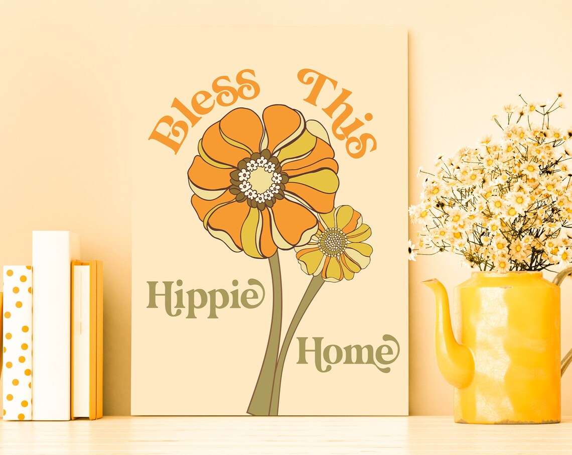 Bless This Hippie Home Retro Flower Boho Typography Art Poster