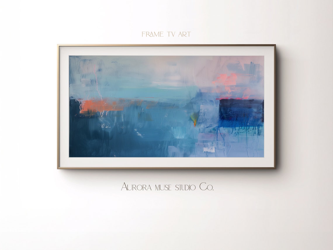 Blue Gradient Abstract Painting With Coral Pink Accents Art Poster - Image 4