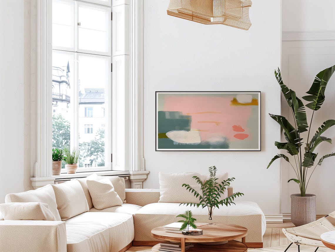 Muted Pink Sage Ochre Blocks Modern Abstract Oil Painting Wall Art - Image 5