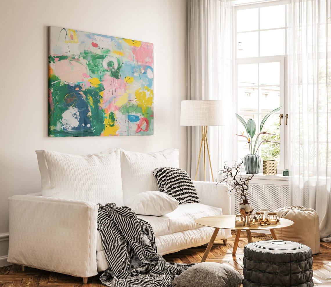 Vibrant Green Pink And Yellow Abstract Brushstrokes Wall Art - Image 3