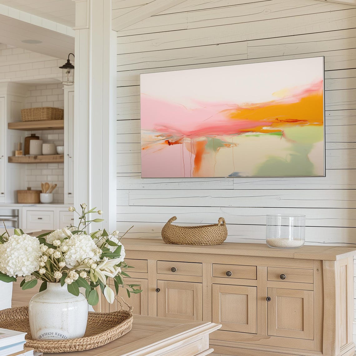 Pink Orange Abstract Painting With Sage Green Minimal Wash Poster - Image 3