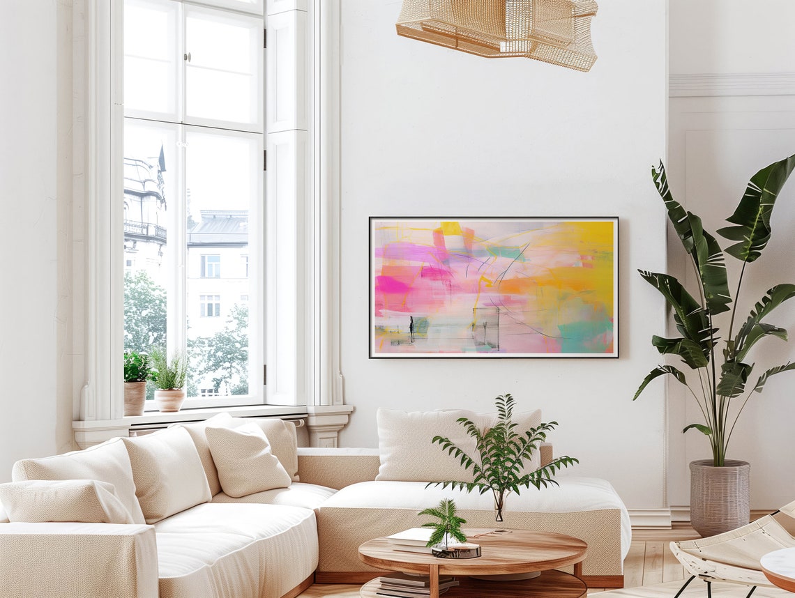 Pink Yellow Abstract Painting With Expressive Line Work Wall Poster - Image 5