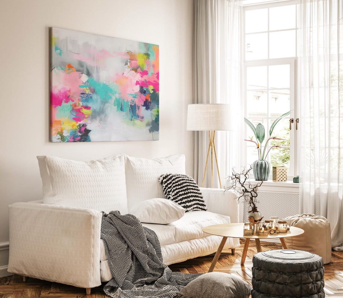 Pink Teal And Yellow Abstract Brushwork Modern Canvas Wall Art - Image 5