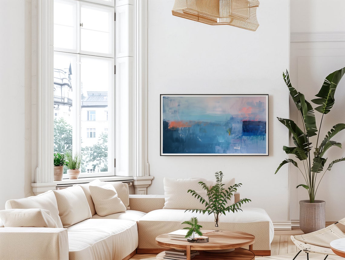 Blue Gradient Abstract Painting With Coral Pink Accents Art Poster - Image 5