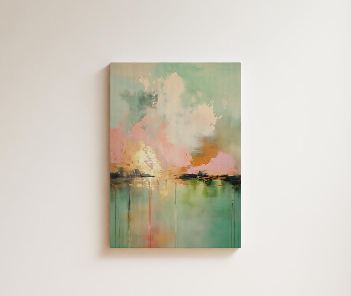 Green Pink Sunset Horizon Vertical Abstract Oil Painting Wall Art