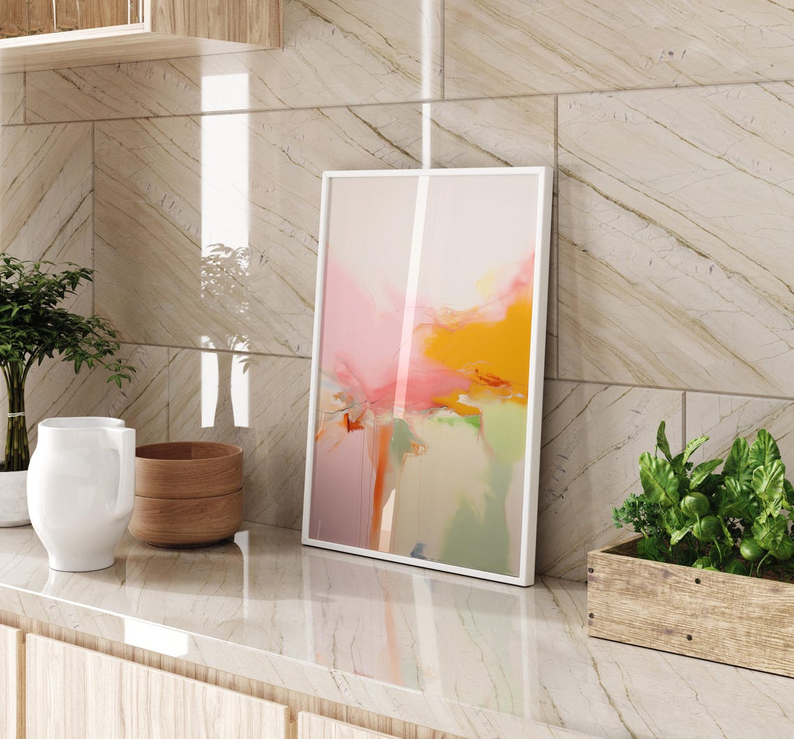 Blush Pink And Orange Watercolor Abstract Gold Frame Wall Art - Image 2