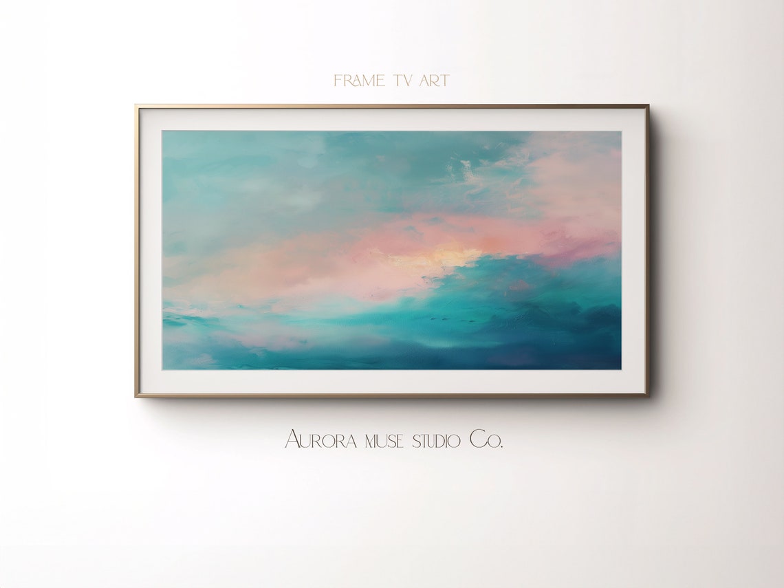 Soft Pink Cloud Teal Sky Dreamy Abstract Seascape Oil Poster - Image 4
