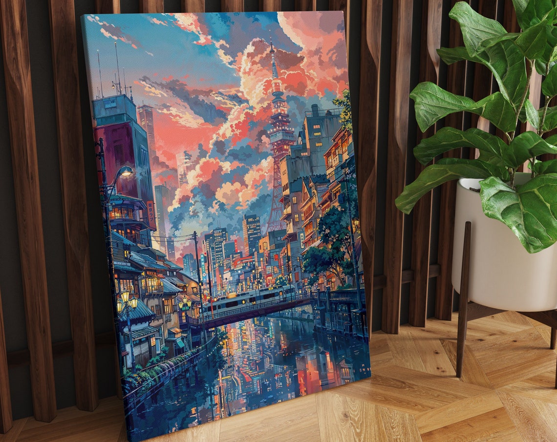 Anime Tokyo Canal at Sunset With Tokyo Tower and Glowing City Poster - Image 2