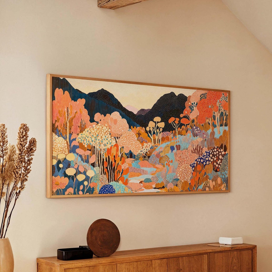 Kusama Inspired Panoramic Dotted Coral Forest Mountain Landscape Print