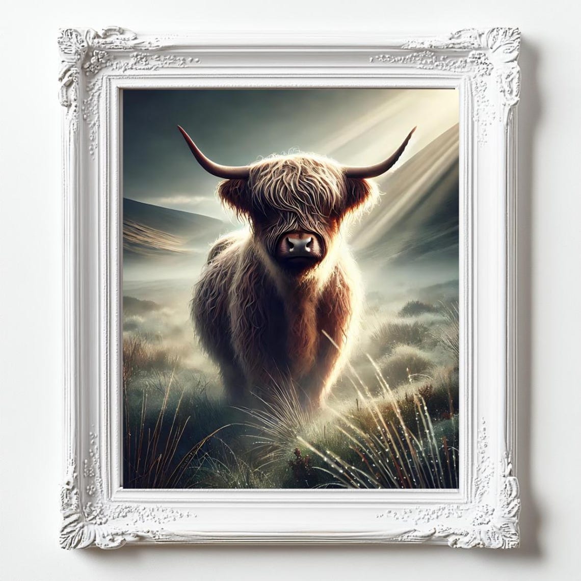 Highland Cow Misty Moorland Sunlight Dramatic Animal Portrait Poster
