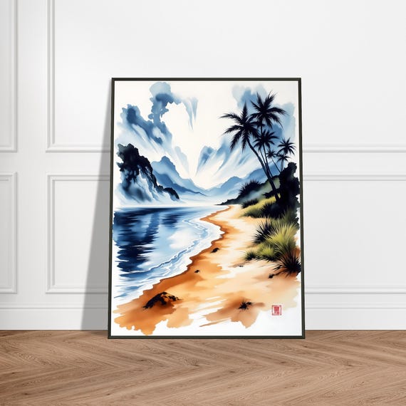 Tropical Zen Beach Art Print Japanese Watercolor Seaside Landscape Serene Coastal Wall Decor Calm Ocean Nature Illustration