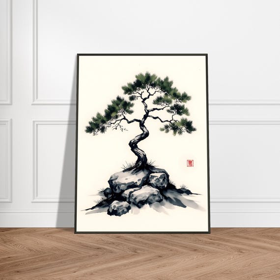 Japanese Pine Bonsai Ink Art Zen Tree Wall Decor Sumie Style Rock Garden Painting Minimalist Nature Print For Meditation Room