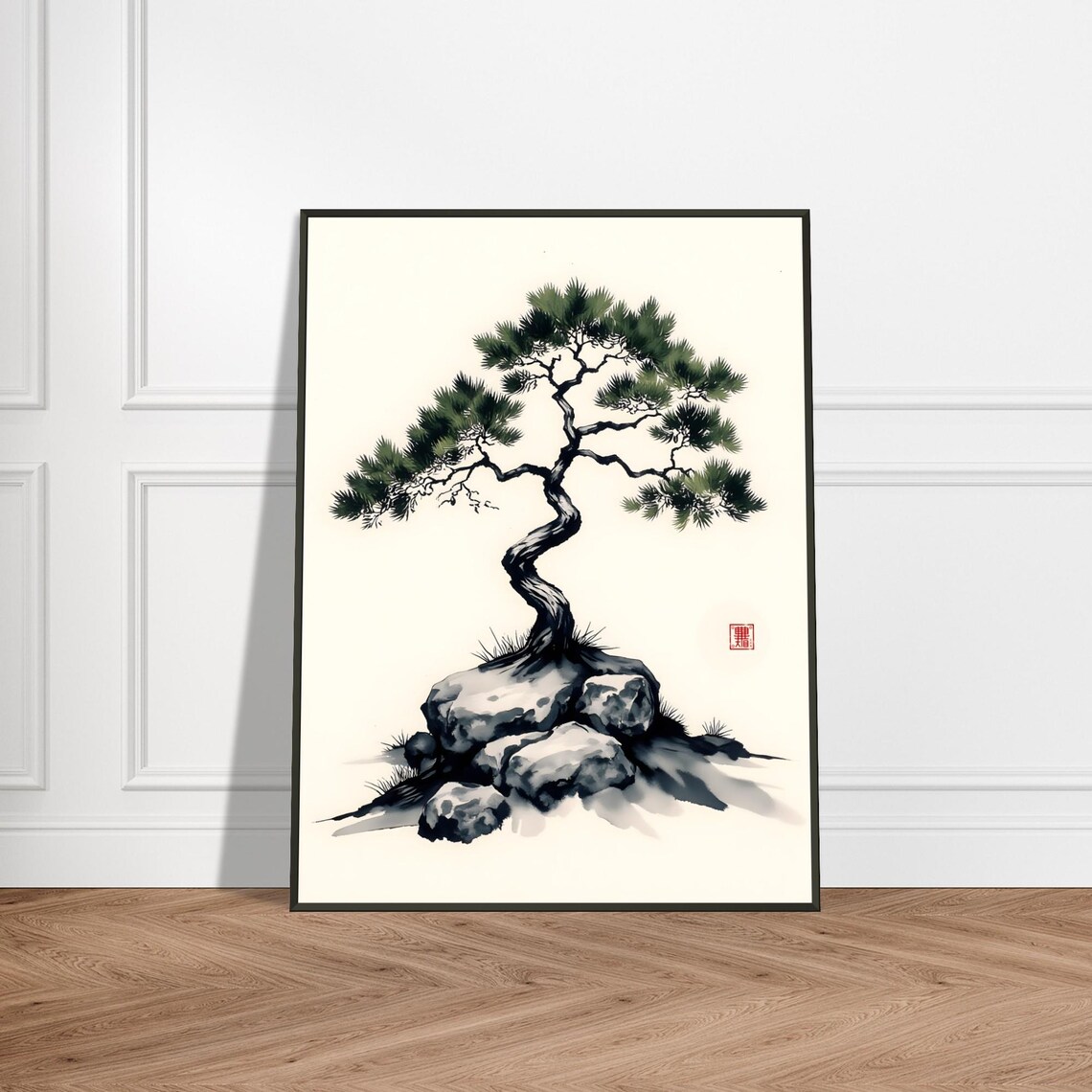 Zen Bonsai Pine Tree on Rocks Classic Asian Ink Painting Poster