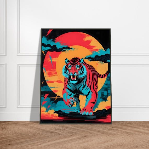 Roaring Tiger In Neon Hues Japaneseinspired Metal Framed Art Print Fiery Red Sun Stormy Clouds And Electric Energy Design
