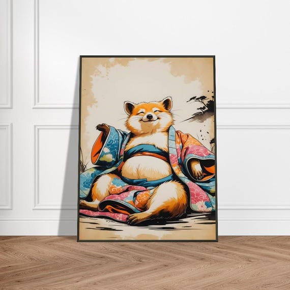 Cheerful Tanuki In Kimono Wall Art With Metal Frame Japaneseinspired Ink Illustration Floral Patterns Vibrant Colors And Zen Atmosphere