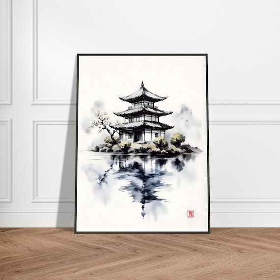 Japanese Pagoda Temple Lake Reflection Ink Watercolor Serene Poster
