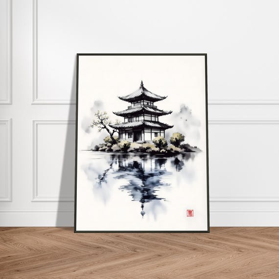Japanese Pagoda Wall Art Serene Ink Style Temple With Lake Reflection Tranquil Metal Framed Zen Decor