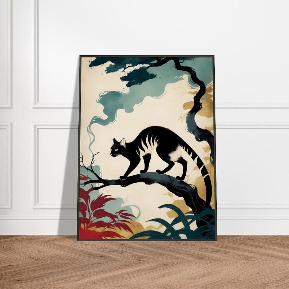 Mystical Black Cat On Tree Branch Japaneseinspired Wildlife Art Elegant Feline Illustration Ukiyoe Style Wall Decor