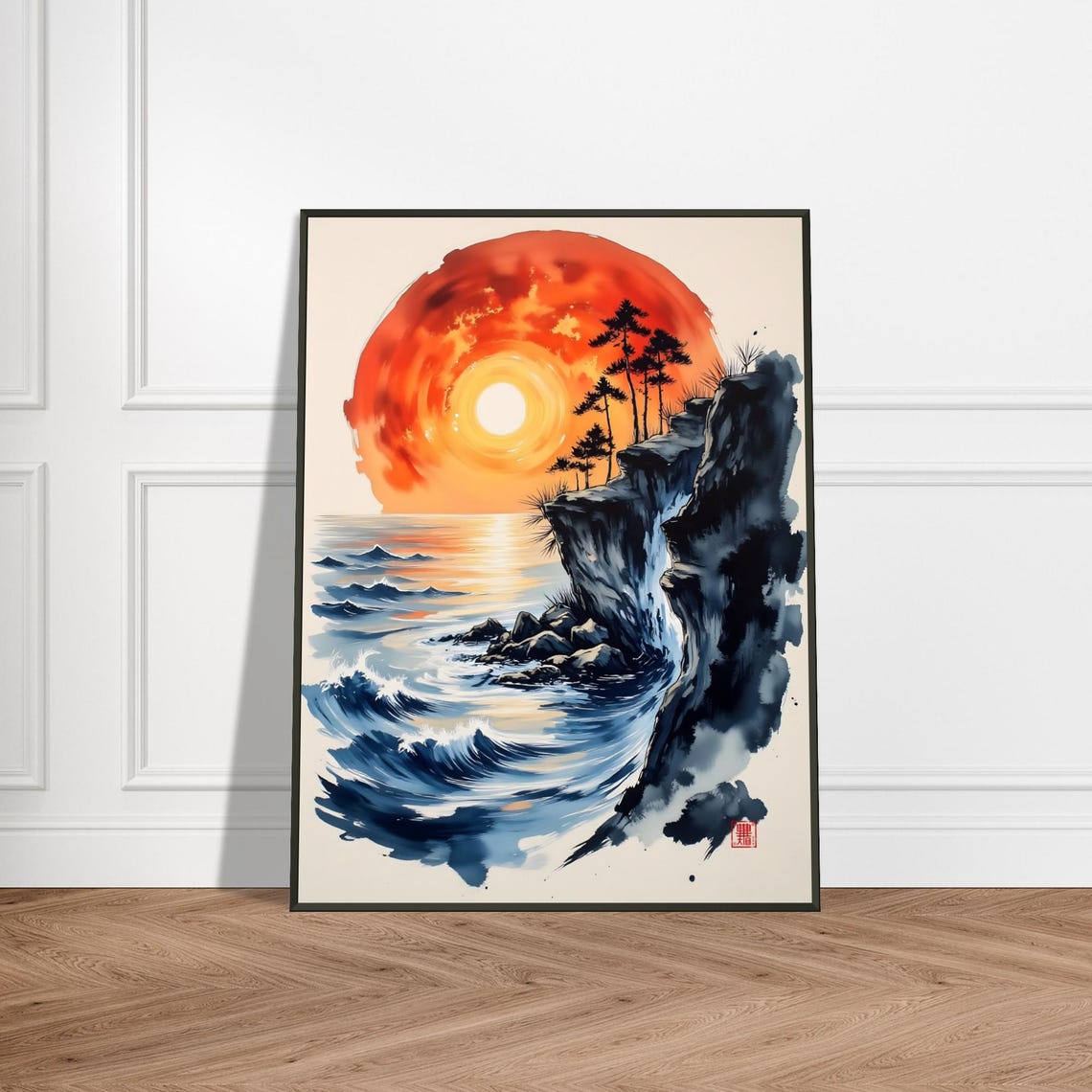 Blazing Red Sun Ocean Waves Rocky Cliff Pine Silhouette Poster