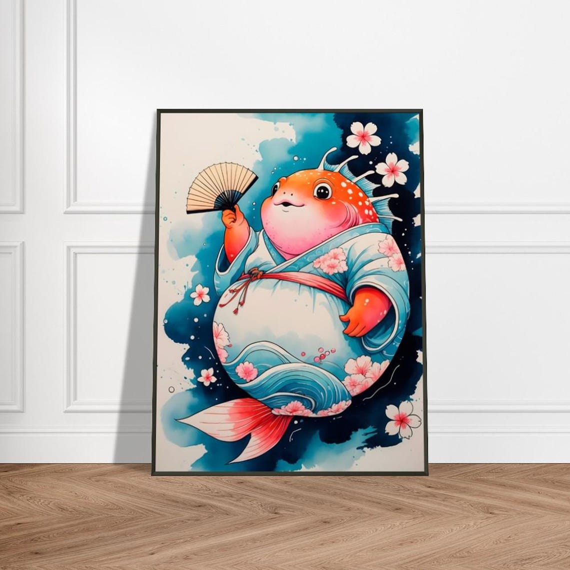 Pufferfish in Kimono Holding Fan with Cherry Blossoms Art Poster