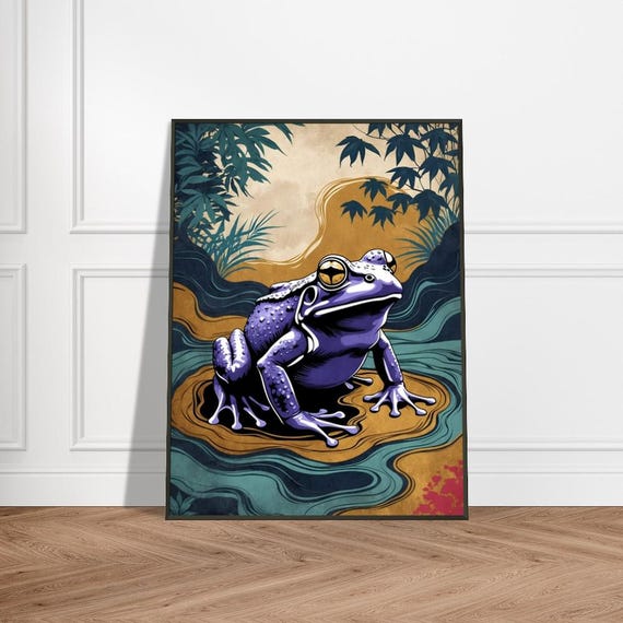 Violet Frog In Japanese Forest Pond Ukiyoe Style Wildlife Art Mystical Amphibian Illustration Natureinspired Wall Decor