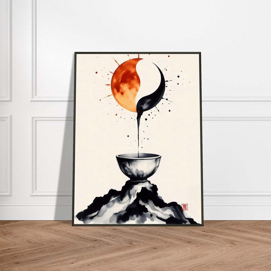 Yin Yang Sun Moon Tea Japanese Ink Surreal Zen Balance Art Poster