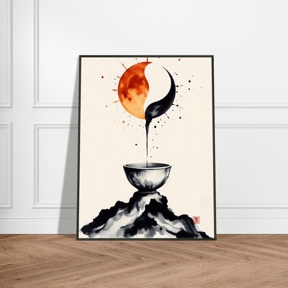 Yin Yang Tea Wall Art Japanese Ink Style Sun And Moon Balance Pouring Into Cup Symbolic Metal Framed Zen Decor