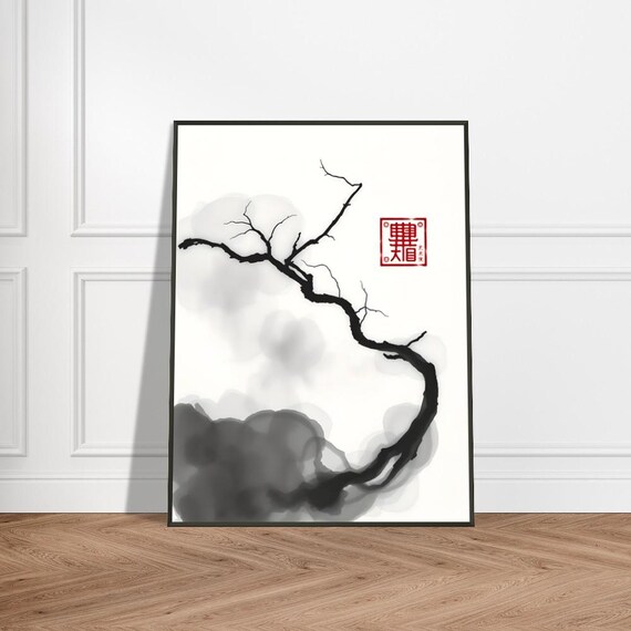 Traditional Sumie Branch Painting Japanese Minimalist Ink Art With Soft Misty Clouds And Red Seal Stamp