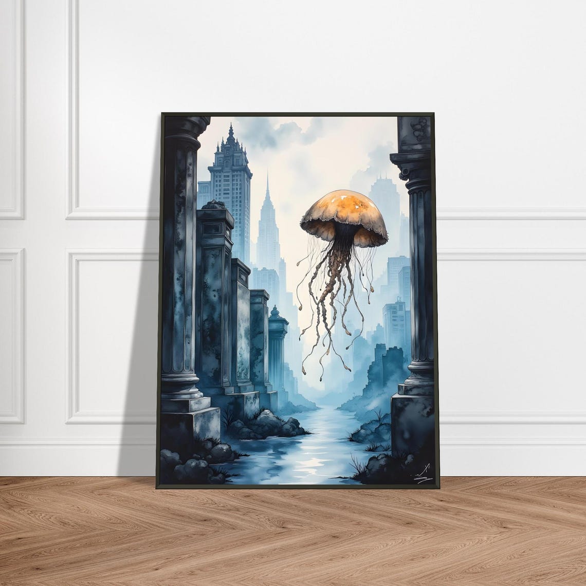 Golden Jellyfish In Ruined City Metal Framed Japanese Surreal Art Print Fantasy Urban Ocean Spirit Decor